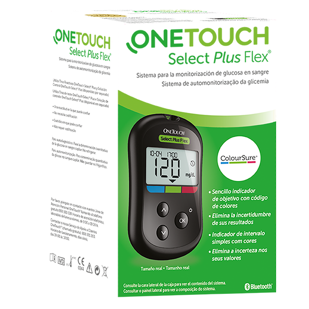 Medidor de Glicose no Sangue OneTouch Select Plus Flex a apresentar a glicose no sangue no intervalo