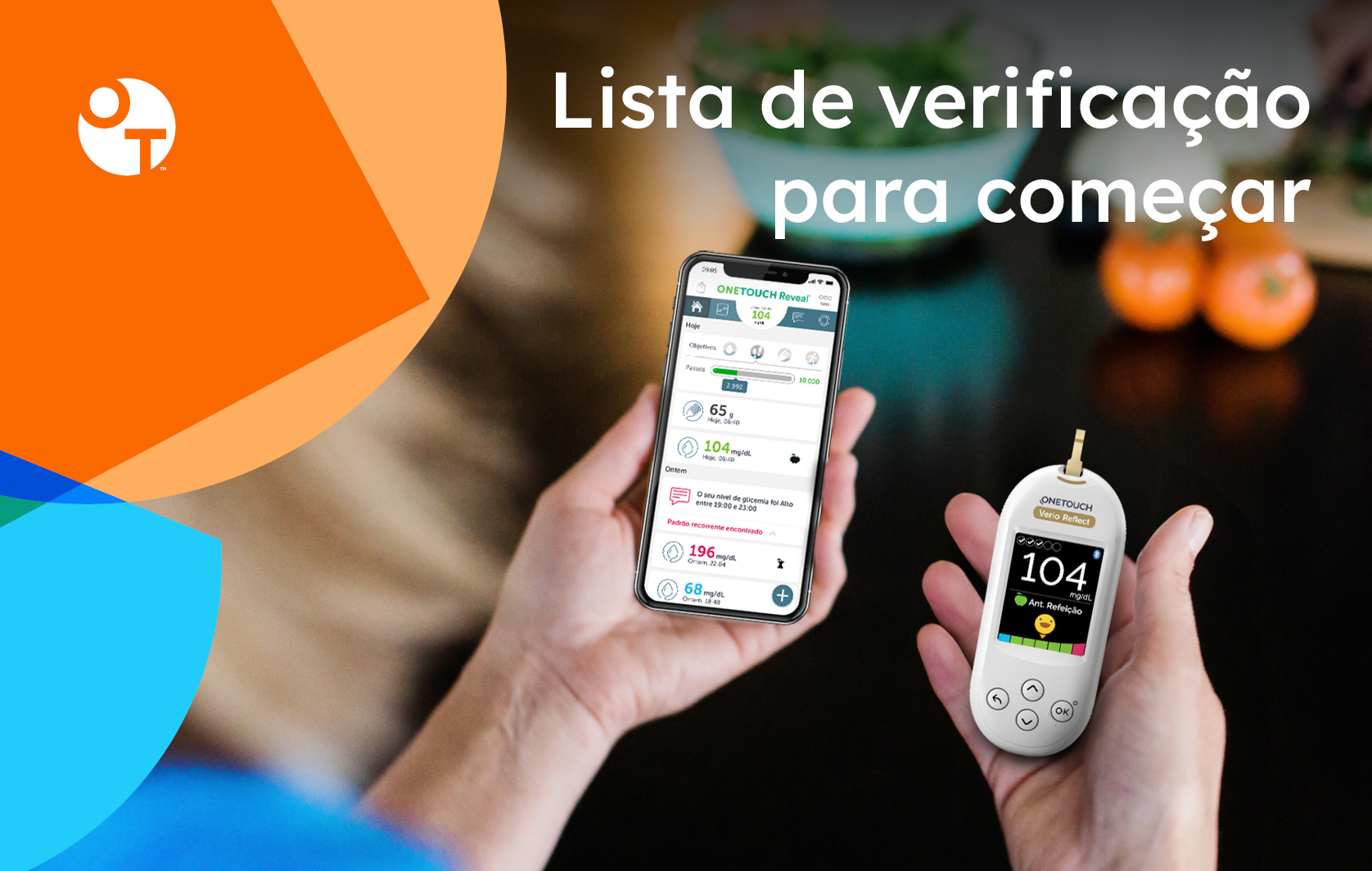 Utilizador a consultar a aplicação OneTouch num smartphone e medidor de glicose.