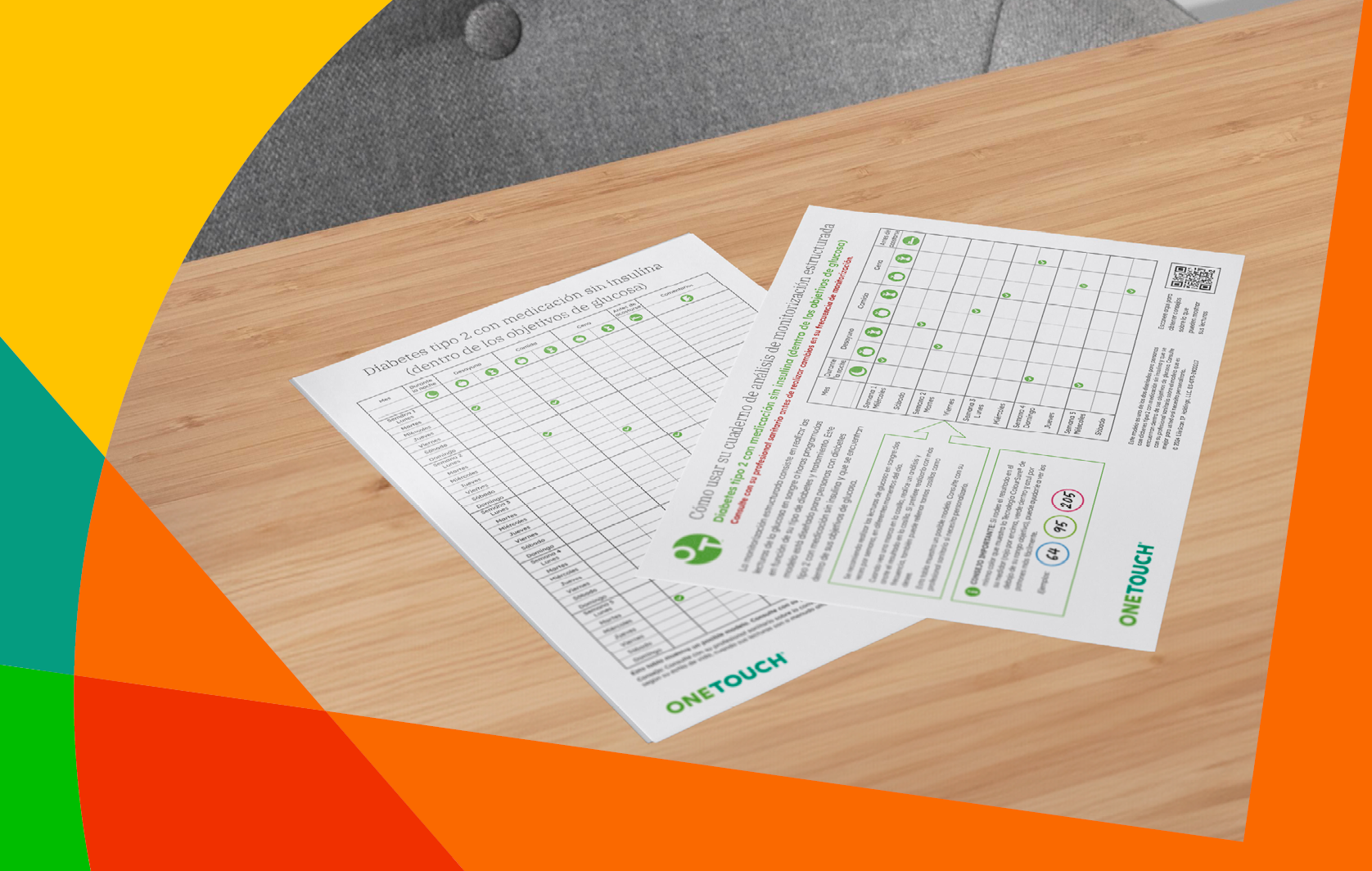 Folhas de verificação de diabetes tipo 2 em uma mesa de madeira.