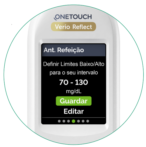 Confirme ou edite os limites de intervalo "Antes da refeição" e "Depois da refeição"