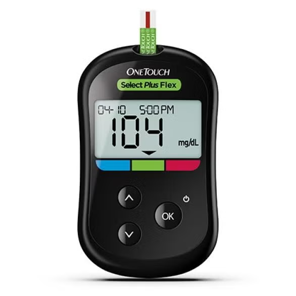 Medidor de Glicose no Sangue OneTouch Select Plus Flex® a apresentar a glicose no sangue no intervalo