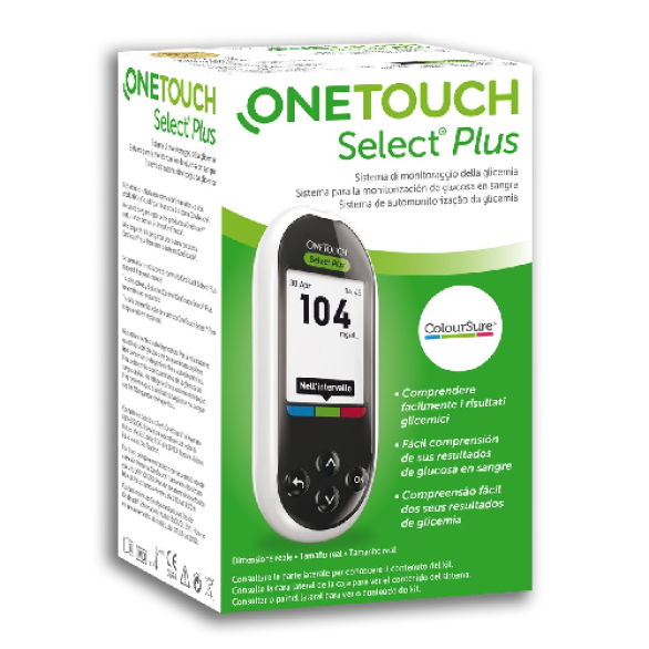 Medidor de Glicose no Sangue OneTouch Select Plus® a apresentar os valores de glicemia no intervalo de referência