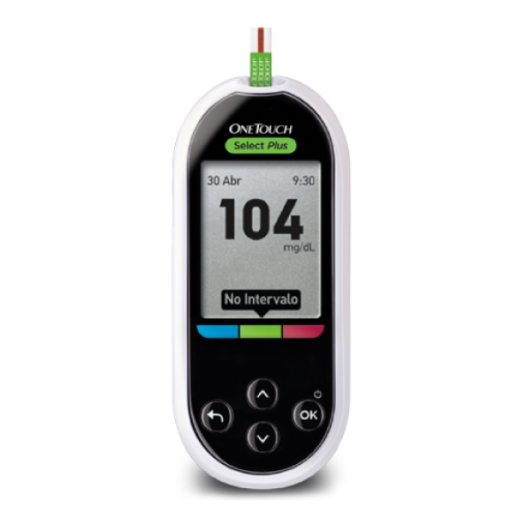 Medidor de Glicose no Sangue OneTouch Select Plus® a apresentar os valores de glicemia no intervalo de referência 